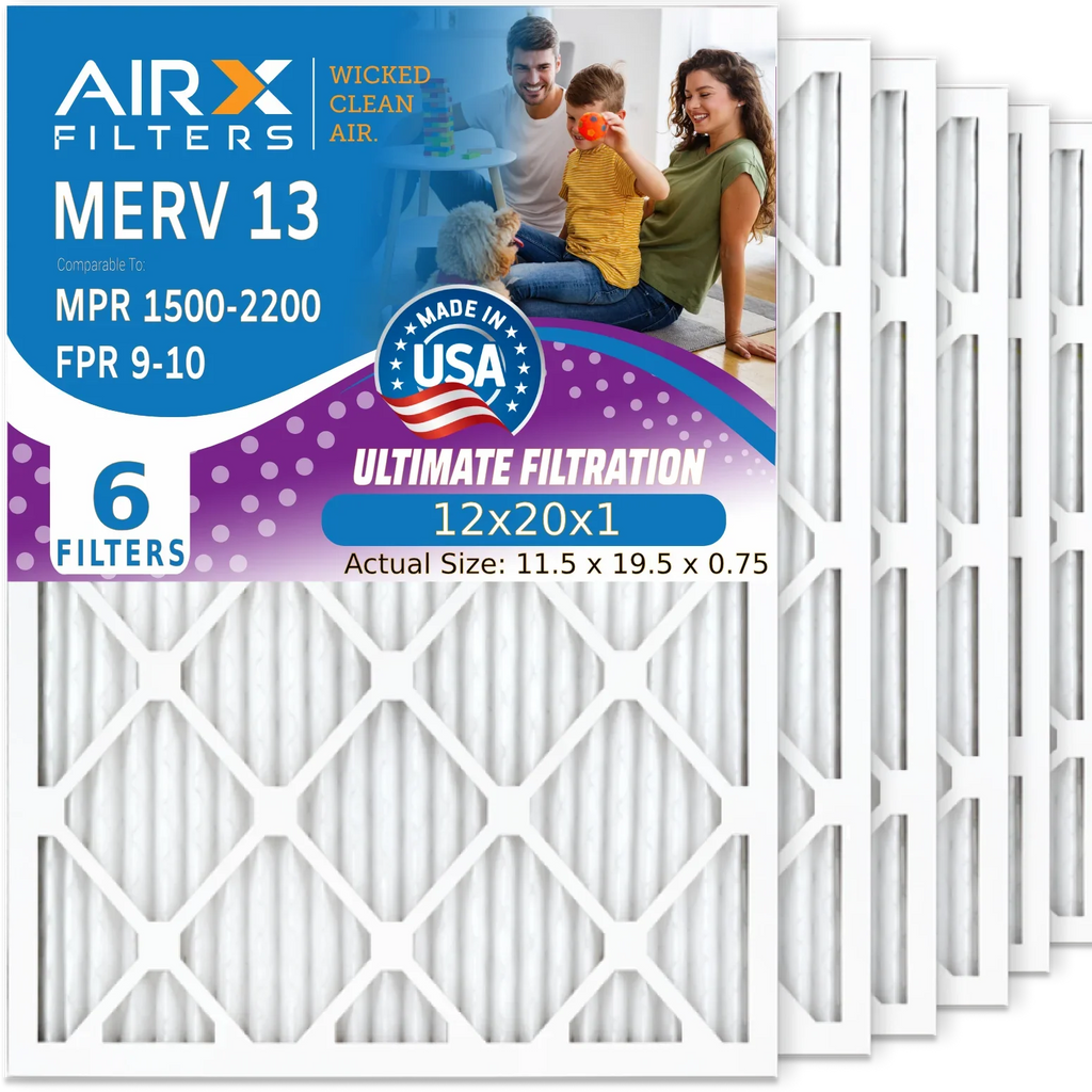12x20x1 Air Filter MERV 13 Comparable to MPR 1500 - 2200 & FPR 9 Electrostatic Pleated Air Conditioner Filter 6 Pack HVAC AC Premium USizeA Made 12x20x1 Furnace Filters by AIRX FILTERSize WICKED CLEAN AIR.