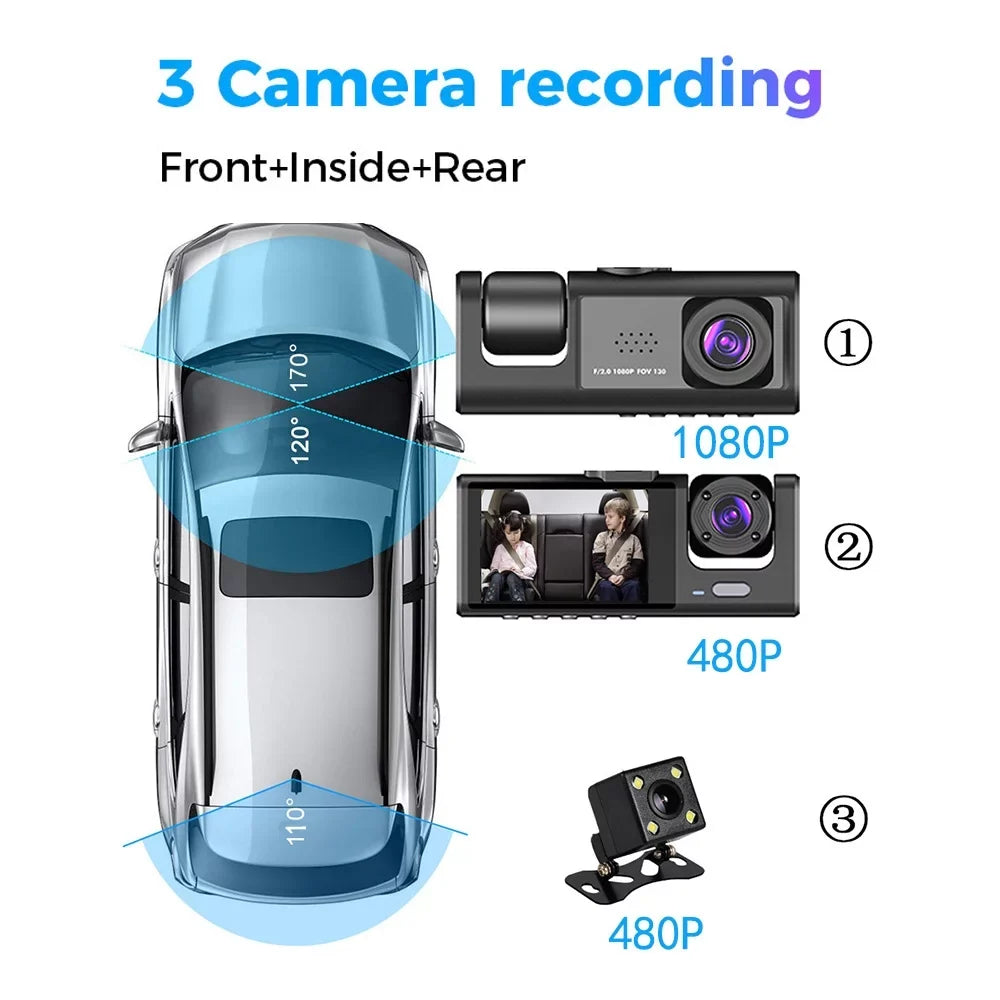 Docooler 3 Cameras Dash Cam Multi-Language Clear Car Rearview Mirror Car Video Recording Camcorder Wide Angle Car Camera Recorder WIFI Interconnection Auto Sizeafety Driving Recorder