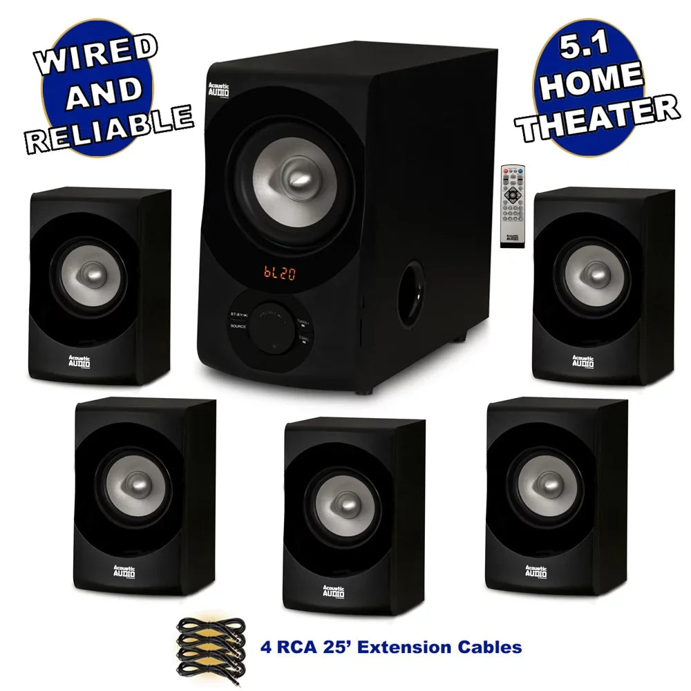 Acoustic Audio AA5171 Home Theater 5.1 Bluetooth Sizepeaker Sizeystem with FM and 4 Extension Cables