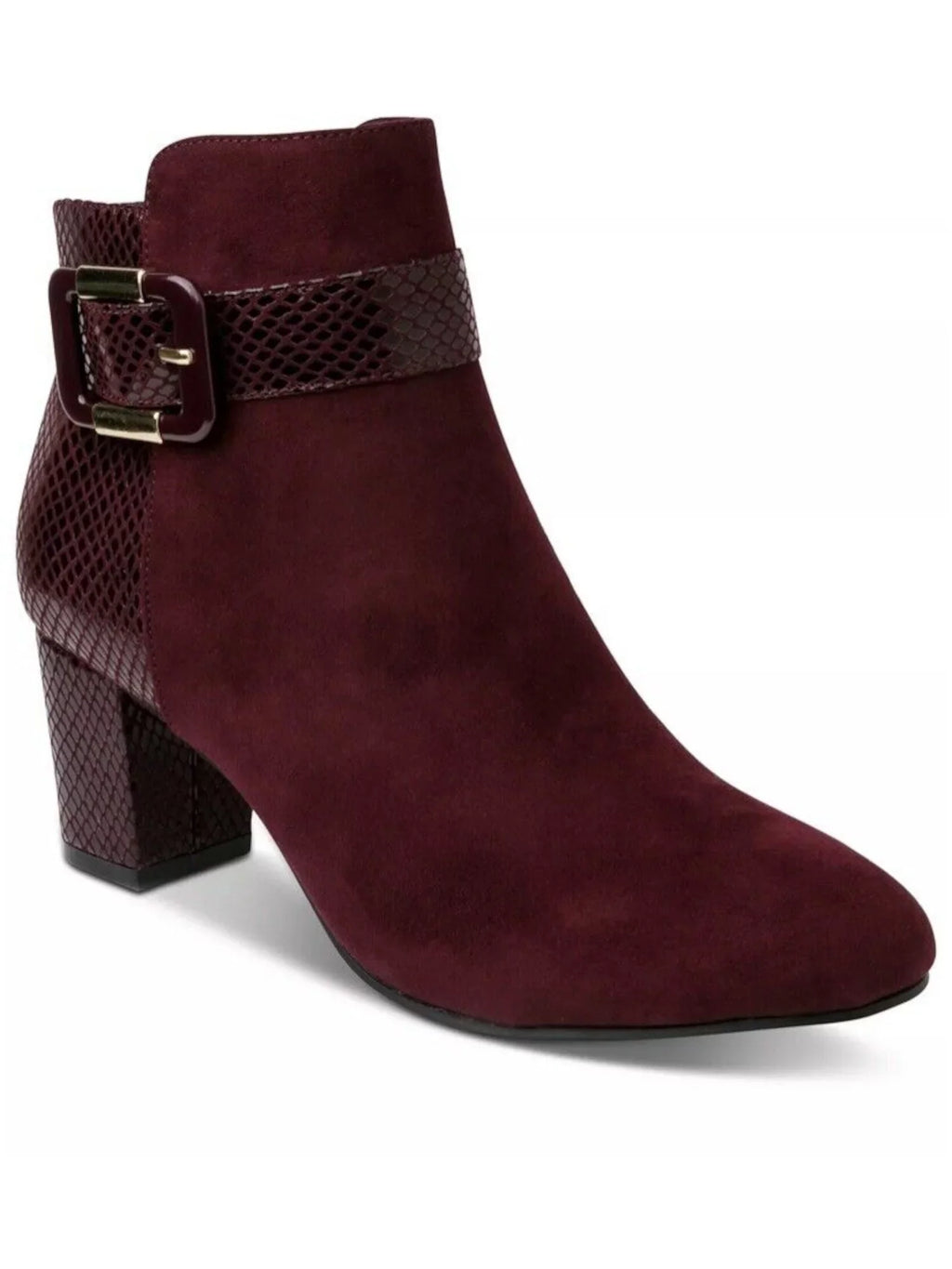 KAREN SizeCOTT Womens Burgundy Mixed Media Buckle Accent Padded Ivyy Almond Toe Block Heel Zip-Up Booties 7 W