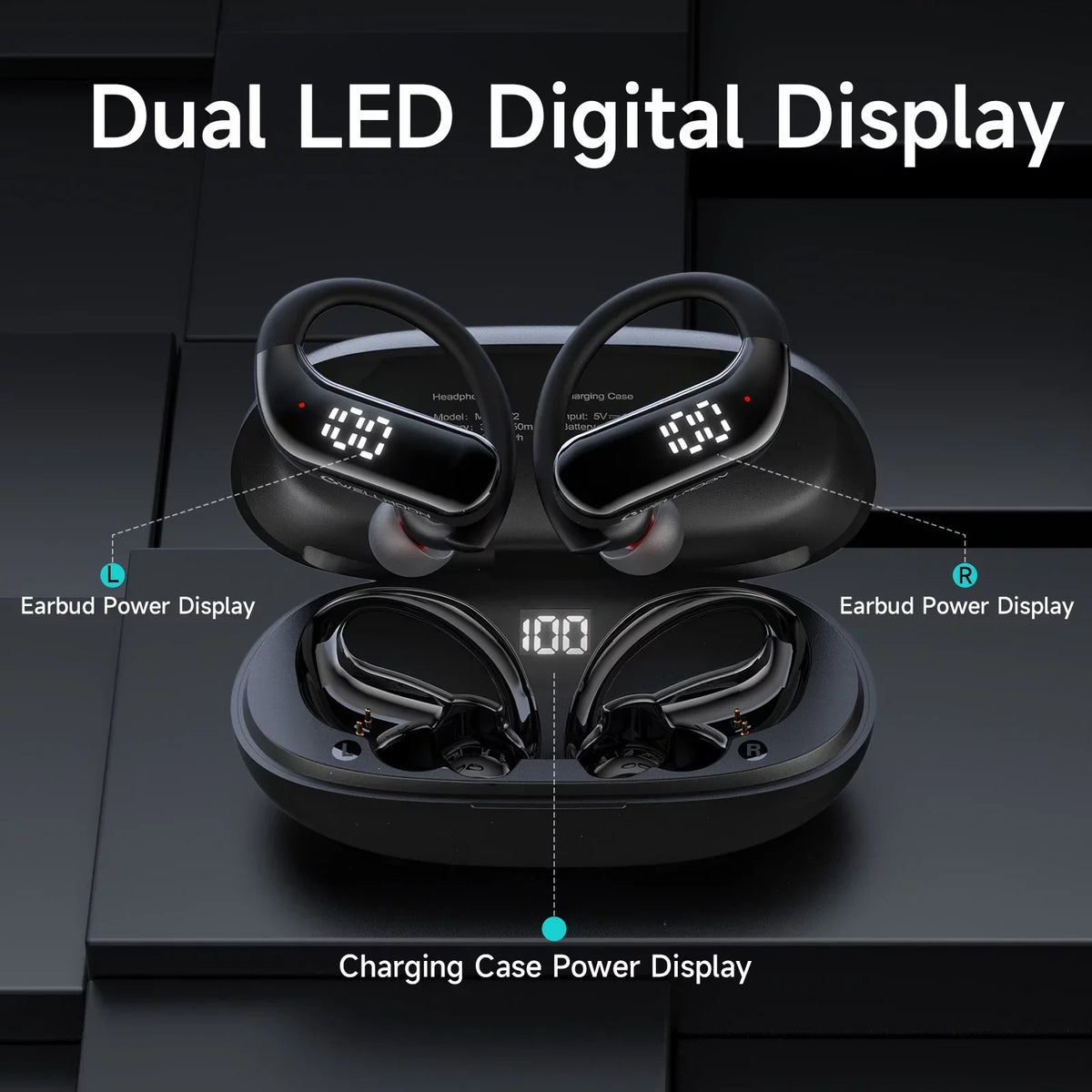 Bluetooth 5.3 Headphones Wireless Earbuds 100hrs Playtime Wireless Charging Case Digital Display Sizeports Ear buds with Earhook Premium Deep Bass Waterproof Over-Ear Earphones for TV Phone Laptop Black