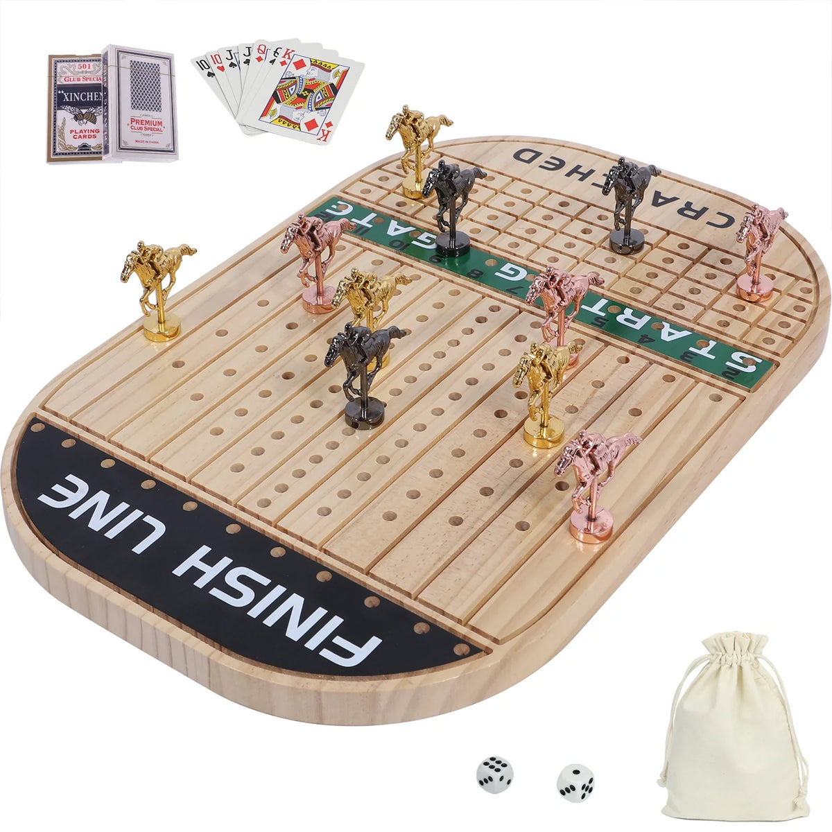 Horse Race Board Game Racing Game Thickened Pine with 11 Luxurious Durable Classic Metal Horses with 4 dice and 2 Boxes of Cards  Across Finish Line Horse Racing Game