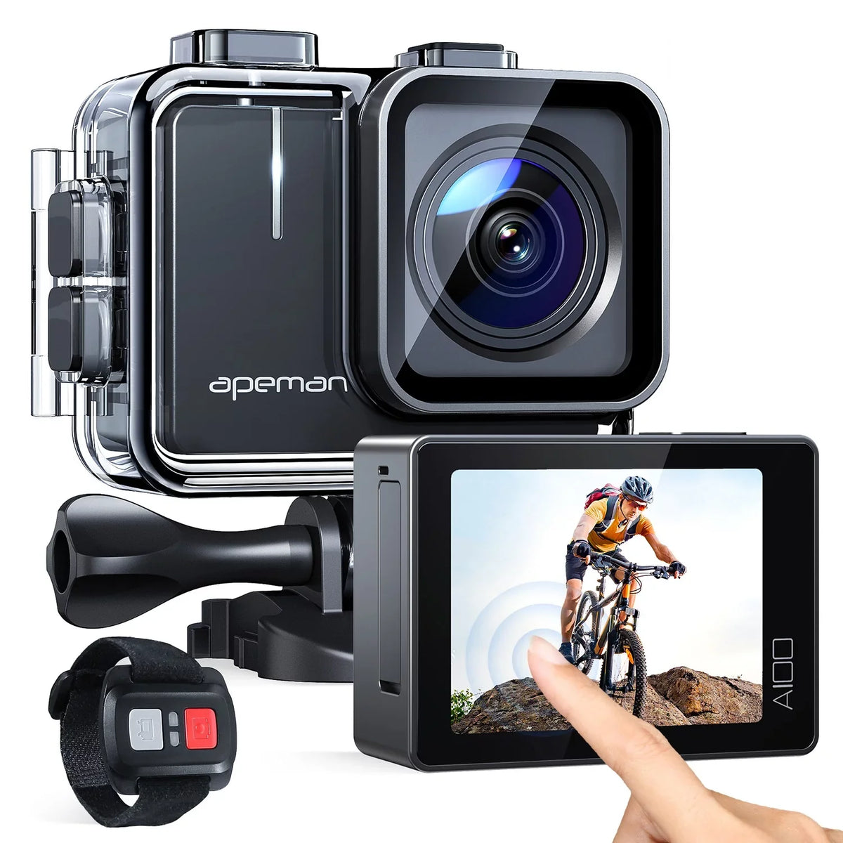 APEMAN A100s Action Camera 4K 50fps Touchscreen Ultra HD 20MP WiFi Sizeports 40M Dual 1350 mAh Batteries