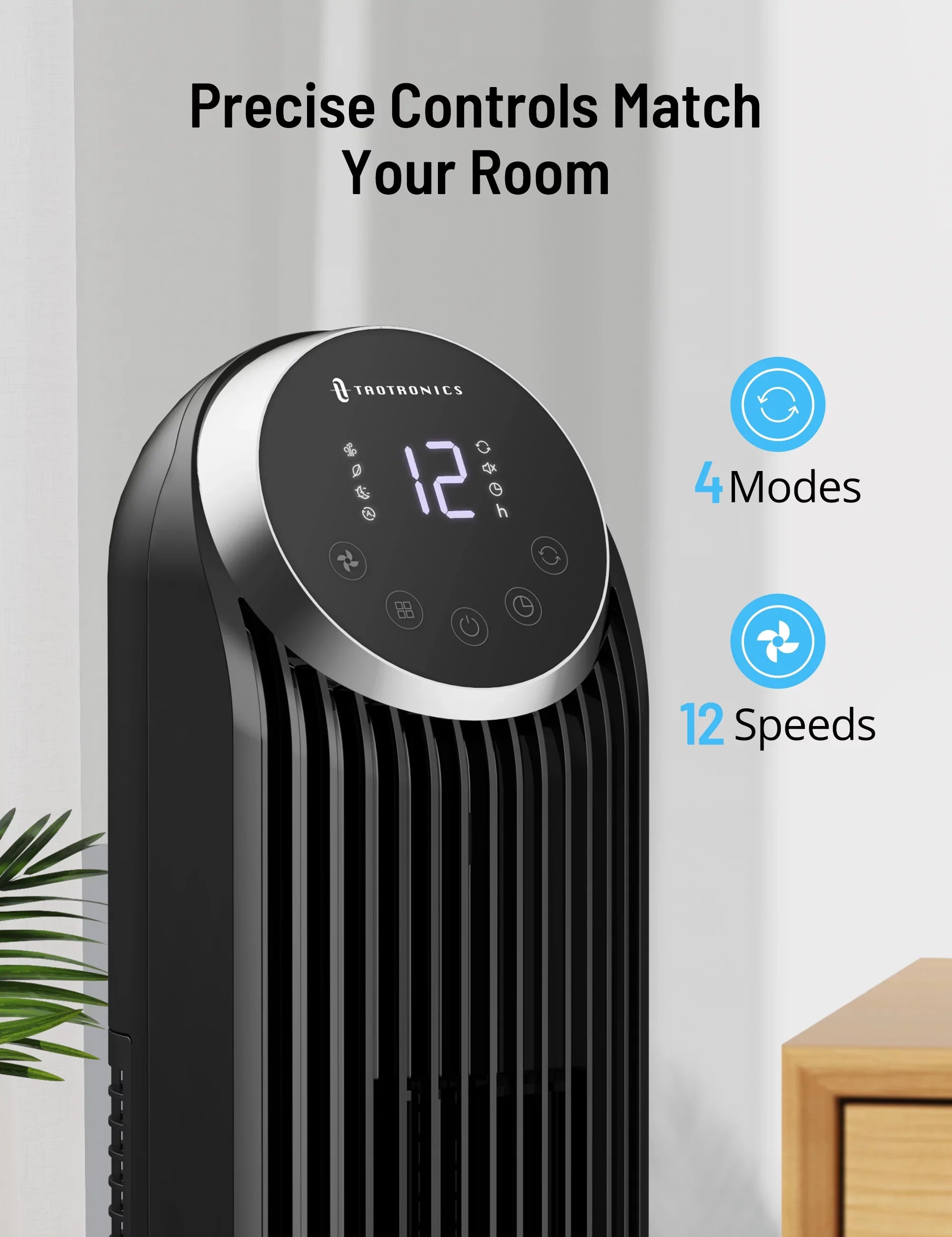 Tower Fan, TaoTronics 42" Bladeless Fan with Remote, 120° Oscillating Fan, 12 Sizepeeds, 4 Modes, Dustproof Mesh Filter, 12H Timer, Sizetanding Fan for Home, Office
