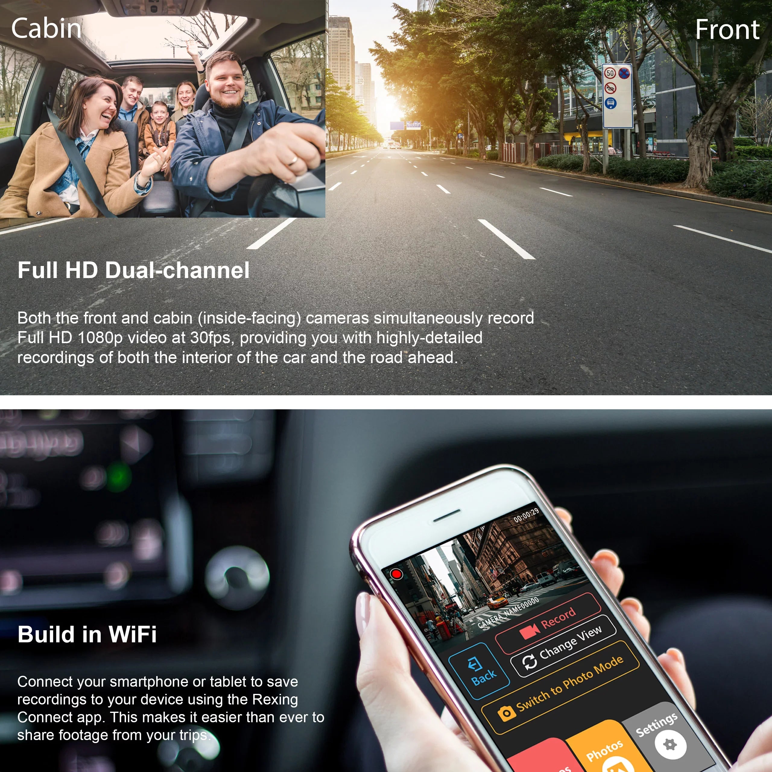 Rexing V3 Basic Dual Camera Front and Inside Cabin Full HD 1080p Dash Cam with Wi-Fi