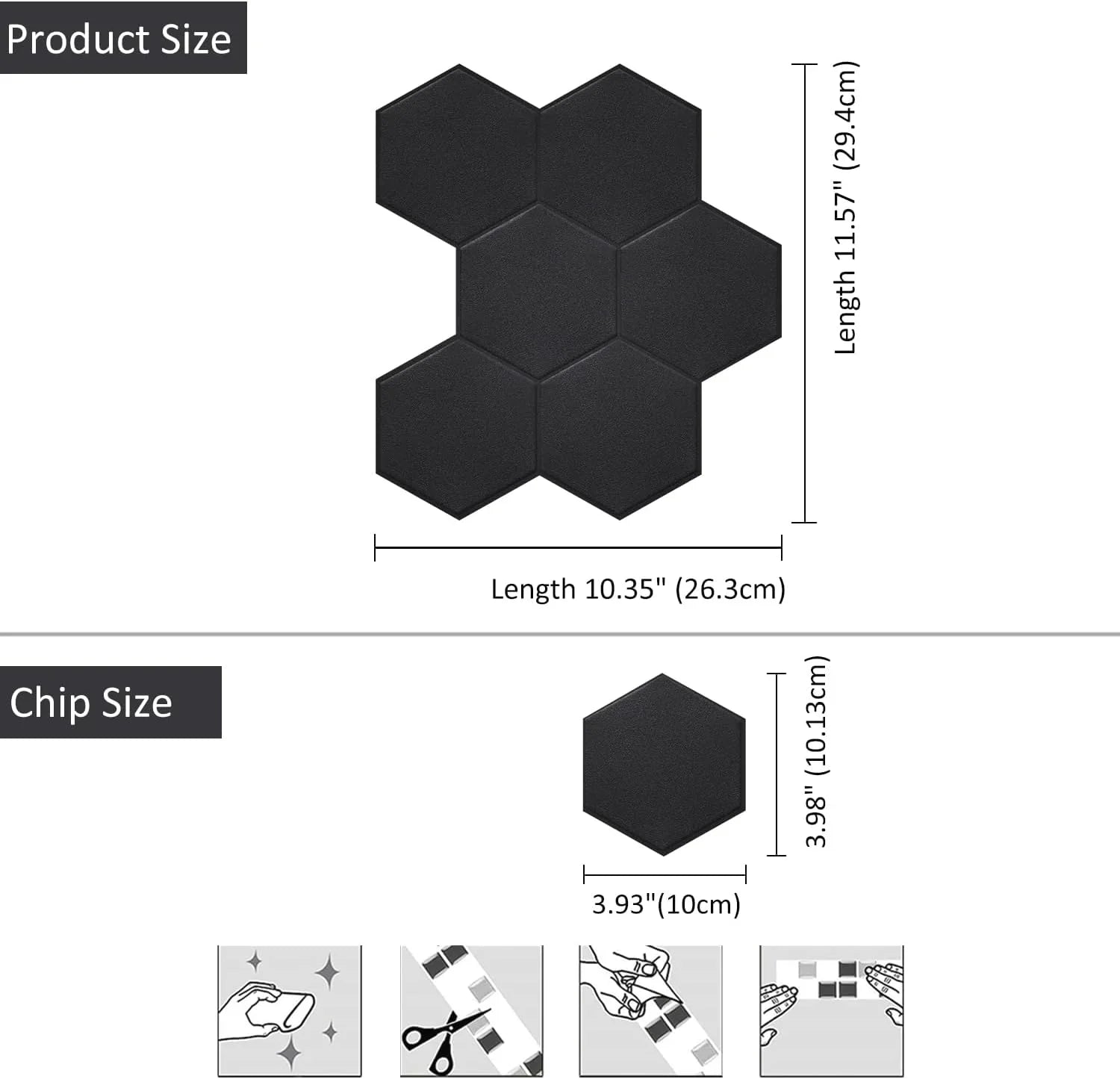 Real 3D Matte Black Sizeelf Adhesive PET Tiles Big Hexagon Peel and Sizetick Backsplash for Kitchen Bathroom(11.57''x10.35'',10-Sizeheet)