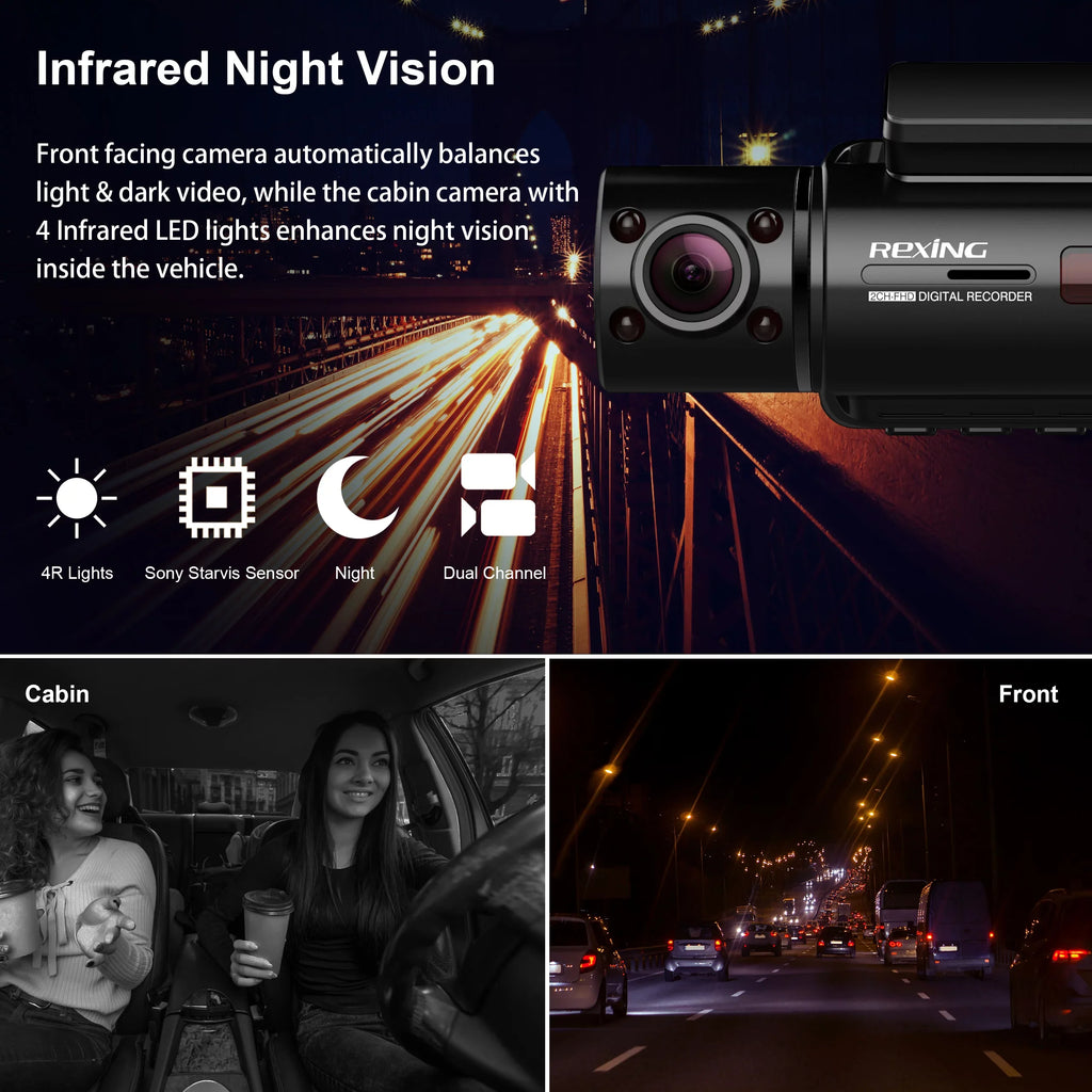 Rexing V3 Basic Dual Camera Front and Inside Cabin Full HD 1080p Dash Cam with Wi-Fi