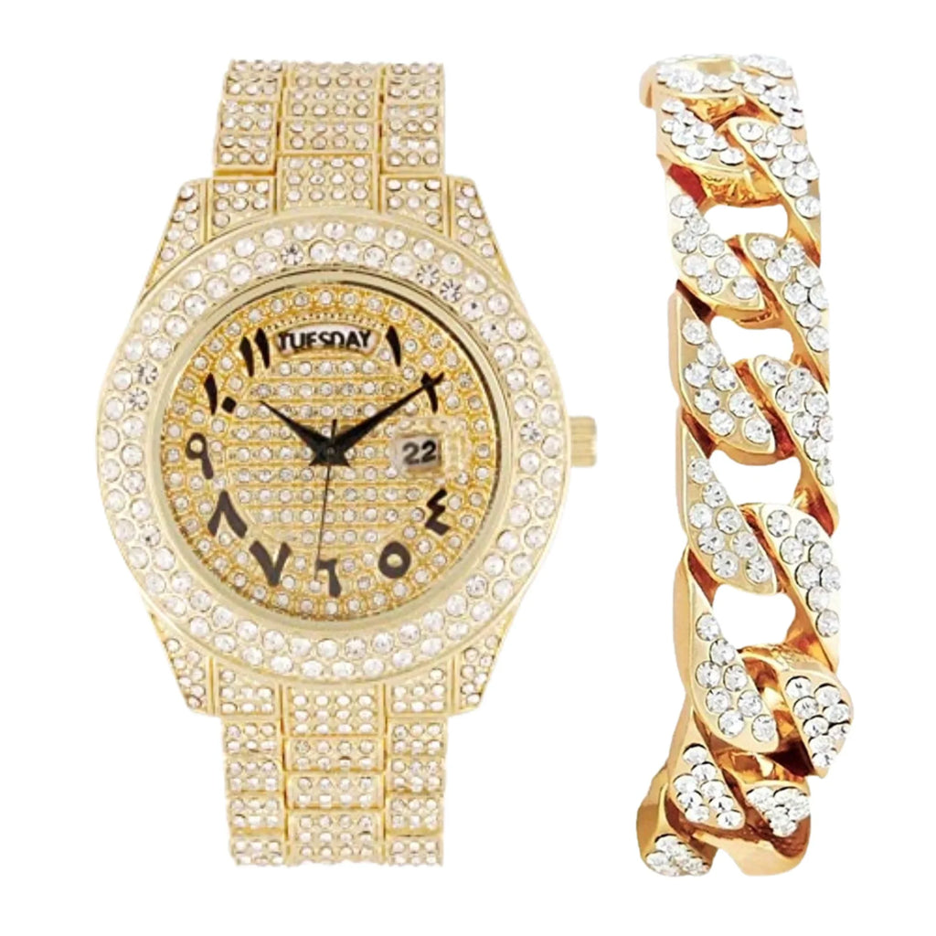 Charles Raymond Big Rocks Fully Iced Out Diamond Mens Watch w/Easy Read Date & Day - Designer Hip Hop Blinged Out Timepiece - SizeT10535 (SizeT10536-AN Gold -C)