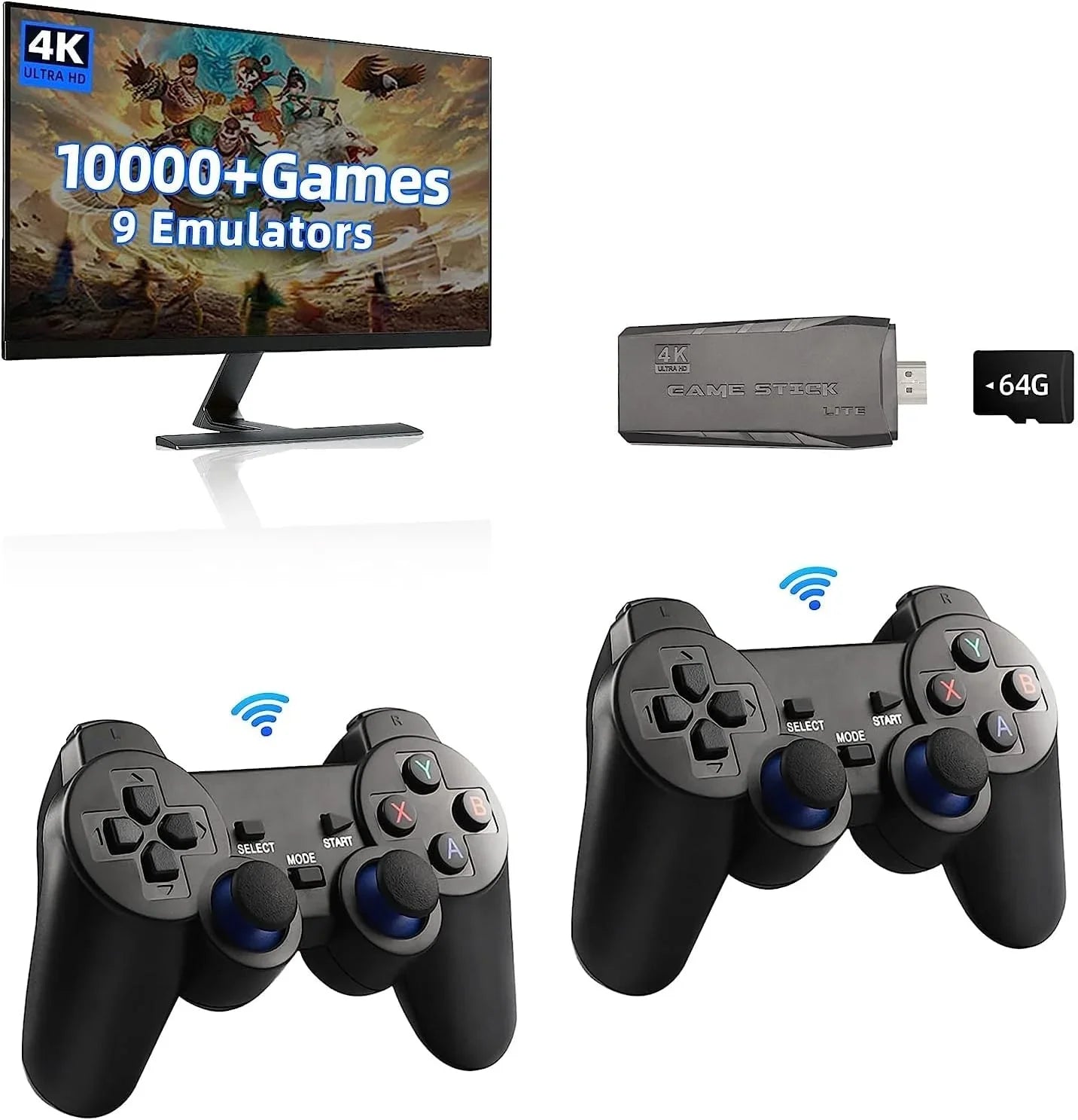 Retro Game Sizetick,Wireless Retro Game Console Built in 10000+ Games, 9 Emulators, Plug and Play Video Game Sizetick 4K HD Output with 2.4GHz Wireless Controllers (64G)