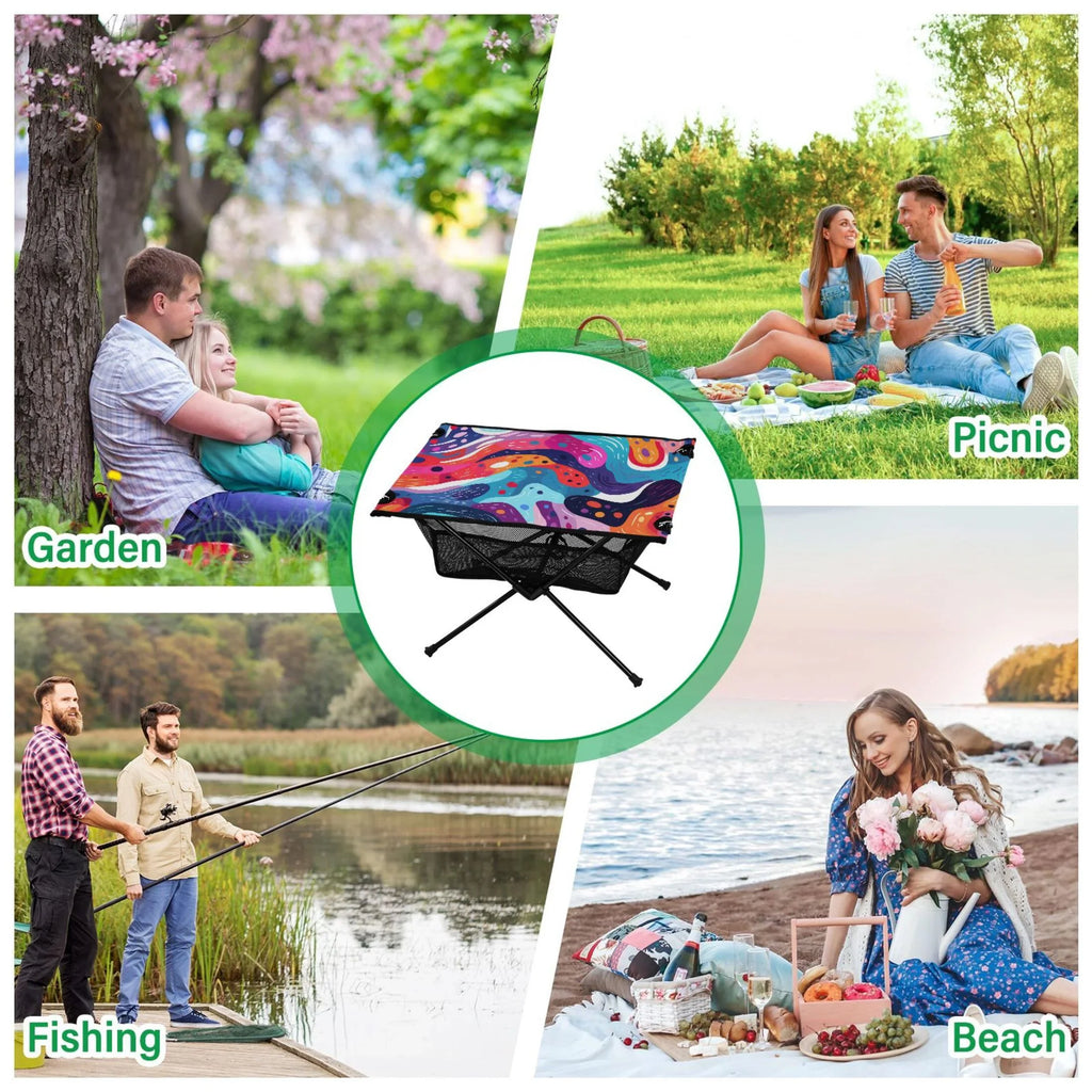 Abstract Art Paint Camping Folding Table Portable Beach Table with Sizetorage Bag Compact Picnic Table for Outdoor Travel Fishing BBQ