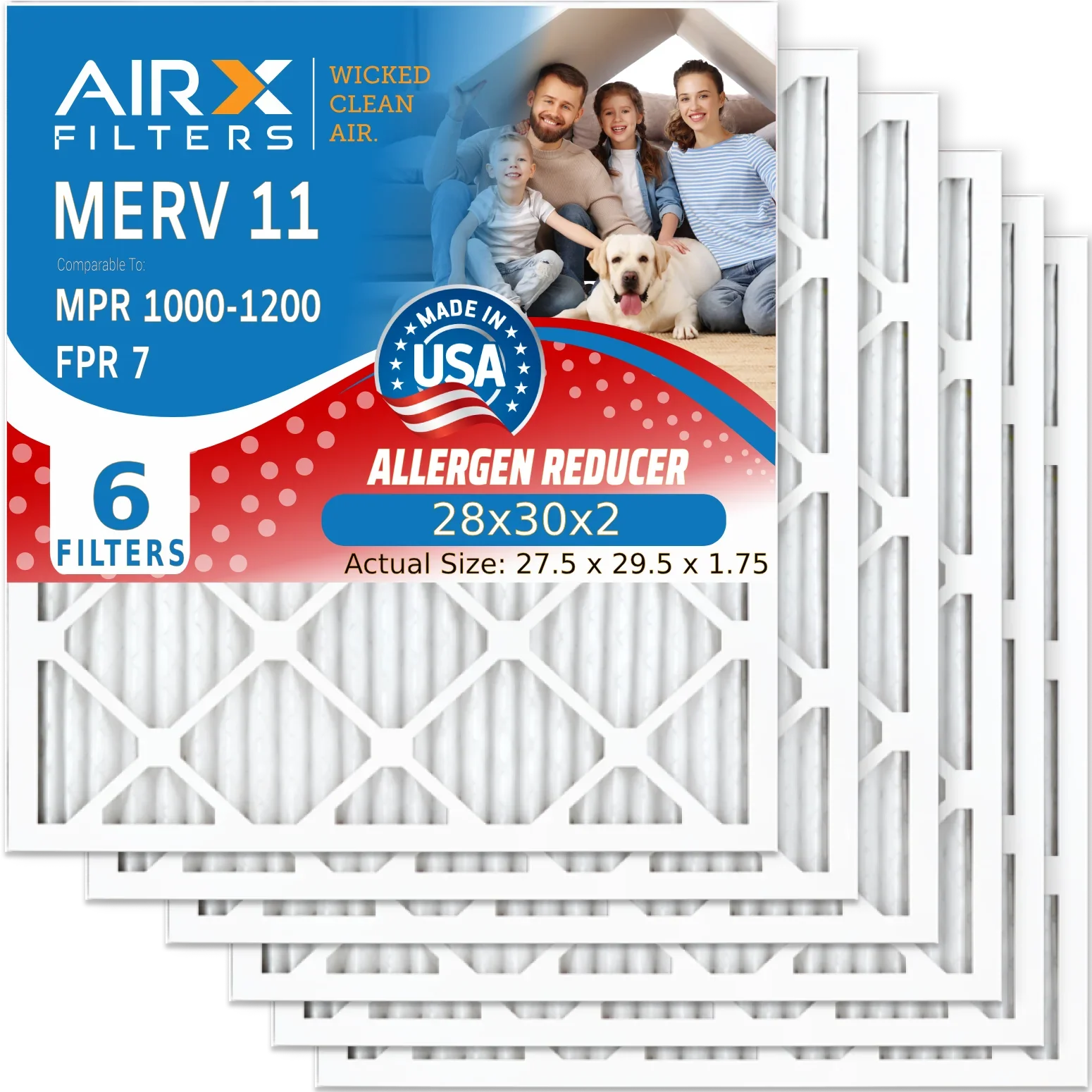 28x30x2 Air Filter MERV 11 Comparable to MPR 1000, MPR 1200 & FPR 7 Electrostatic Pleated Air Conditioner Filter 6 Pack HVAC Premium USizeA Made 28x30x2 Furnace Filters by AIRX FILTERSize WICKED CLEAN AIR.